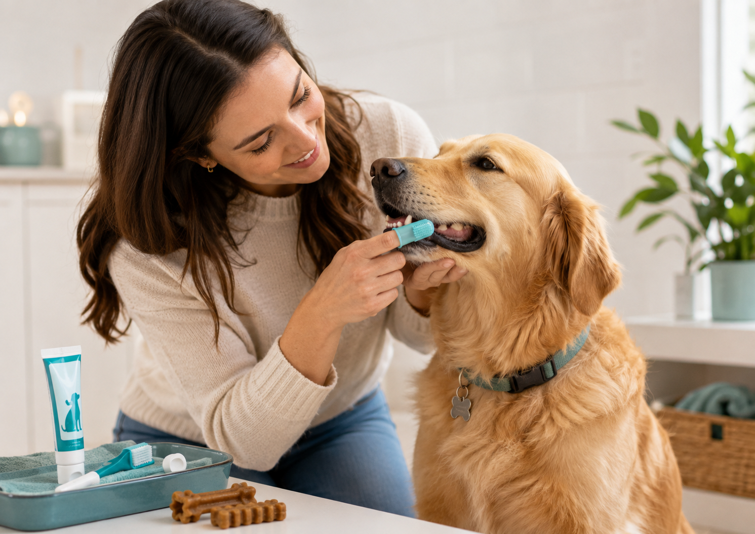 Dog receiving veterinary care in a clean veterinary clinic